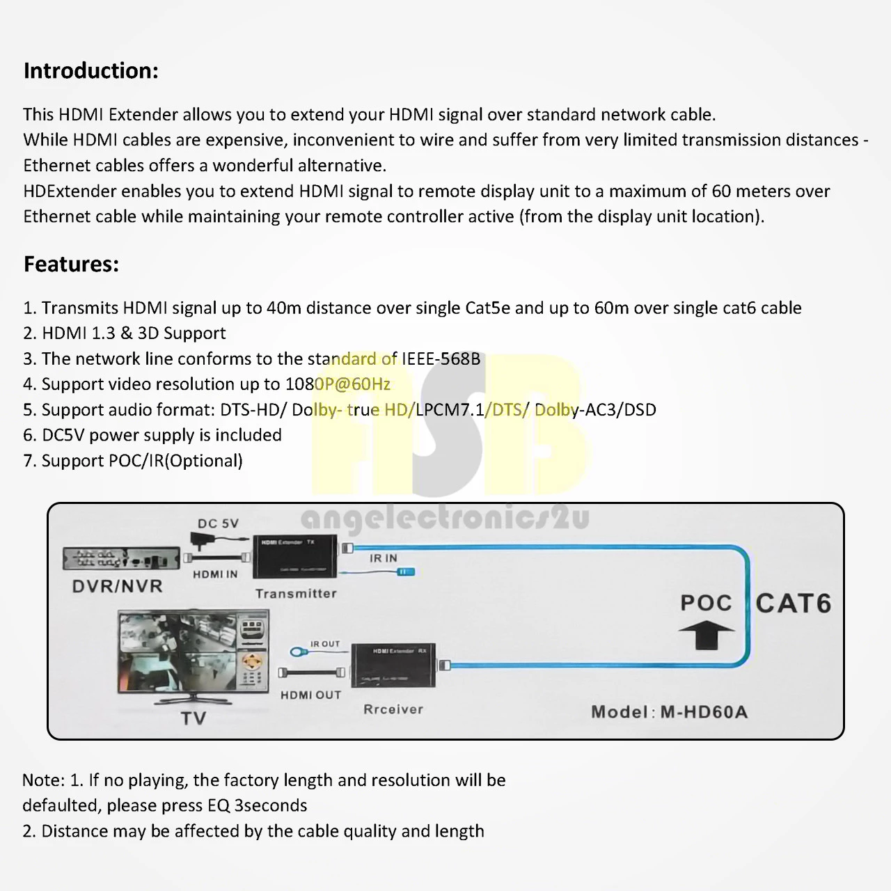 (1pc) 1080P HDMI Extender Over Cat6 / Transmitter & Receiver ( 60m ) ( DVR / NVR / HDTV ) ( M-HD60A )