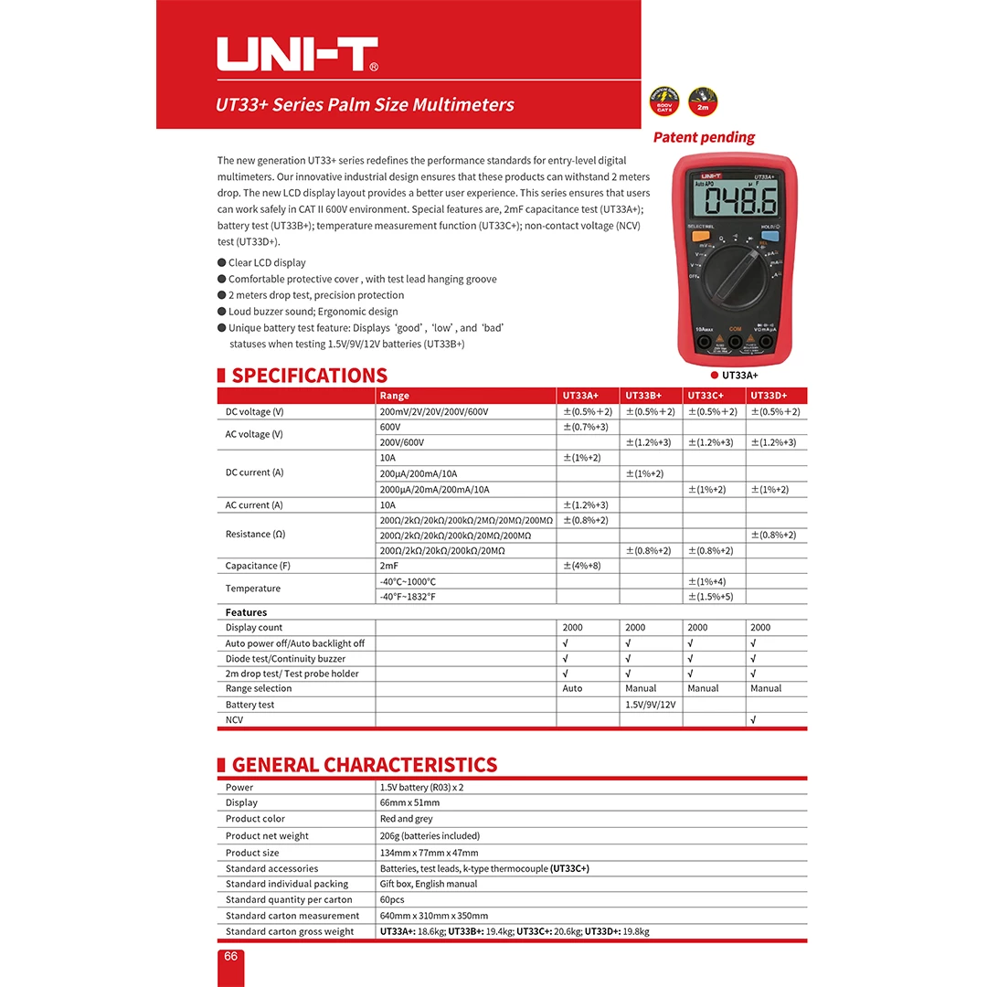 (1pc) Uni-T UT 33+ Series Palm Size Digital Multimeter ( UT 33A+ / UT 33B+ / UT 33C+ / UT 33D+ )
